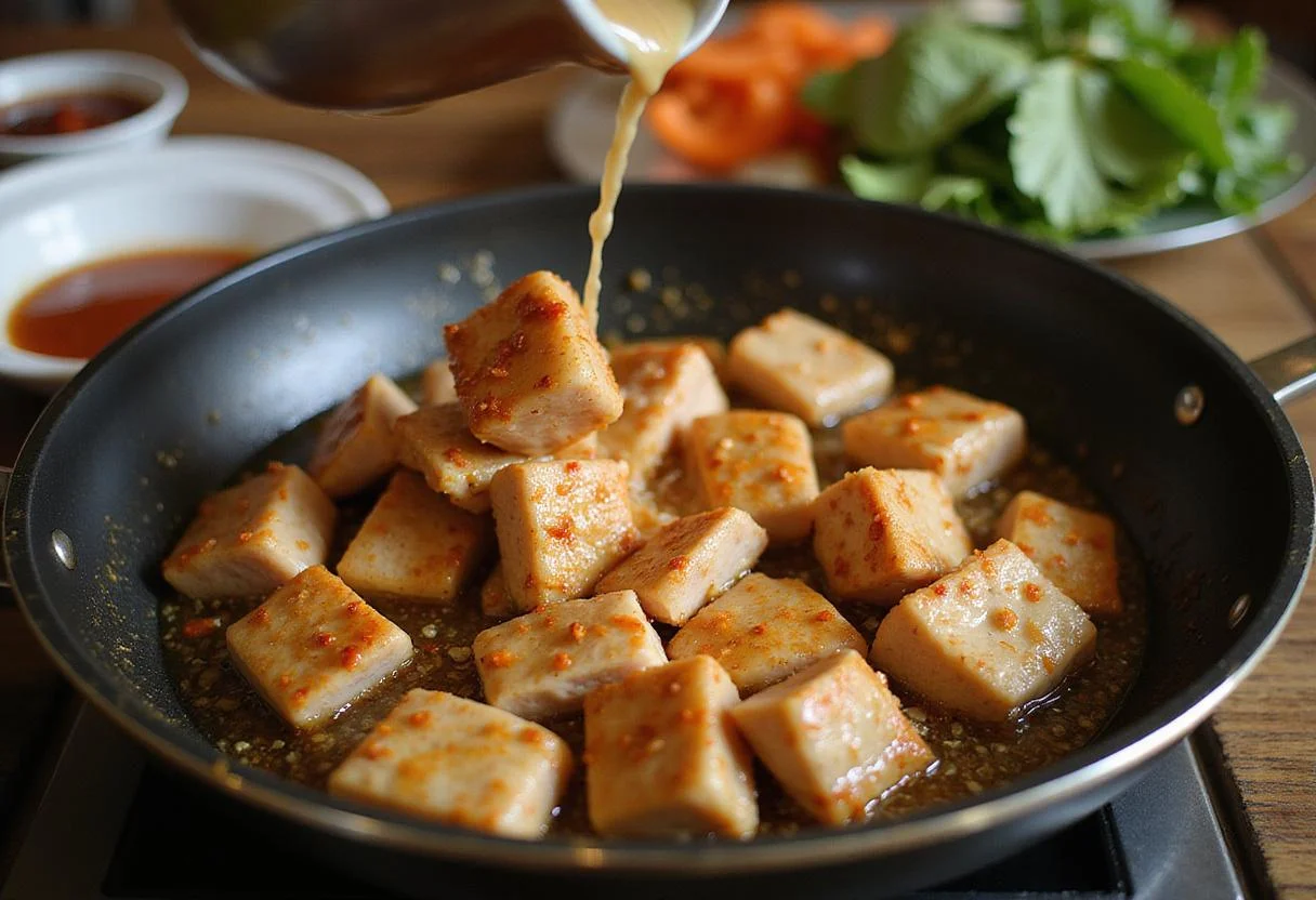Golden-brown chicken sizzling in a skillet for Ta Chien Chicken, marinated flavors enhancing the dish, fresh vegetables in the background.
