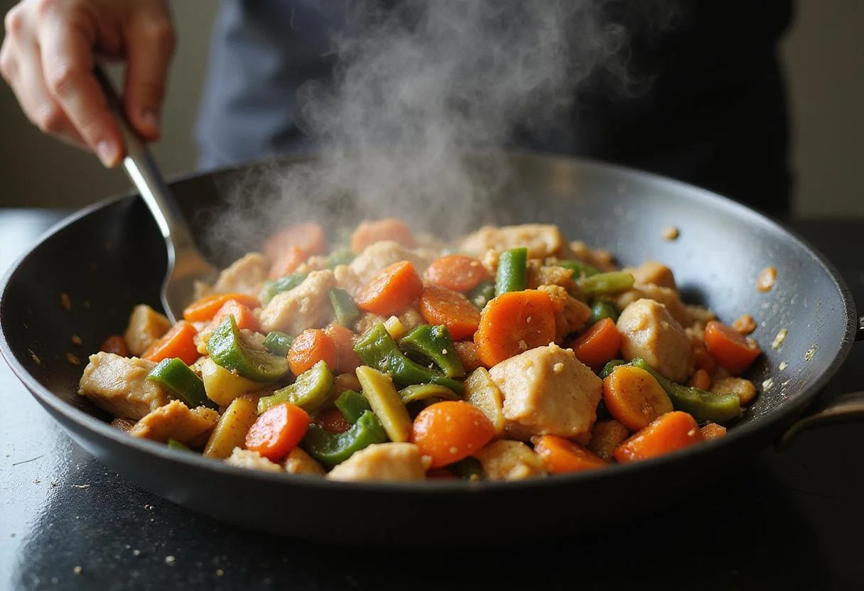 Vibrant vegetables blending with chicken in a pan for Ta Chien Chicken, creating a colorful stir-fry with delicious aromas.