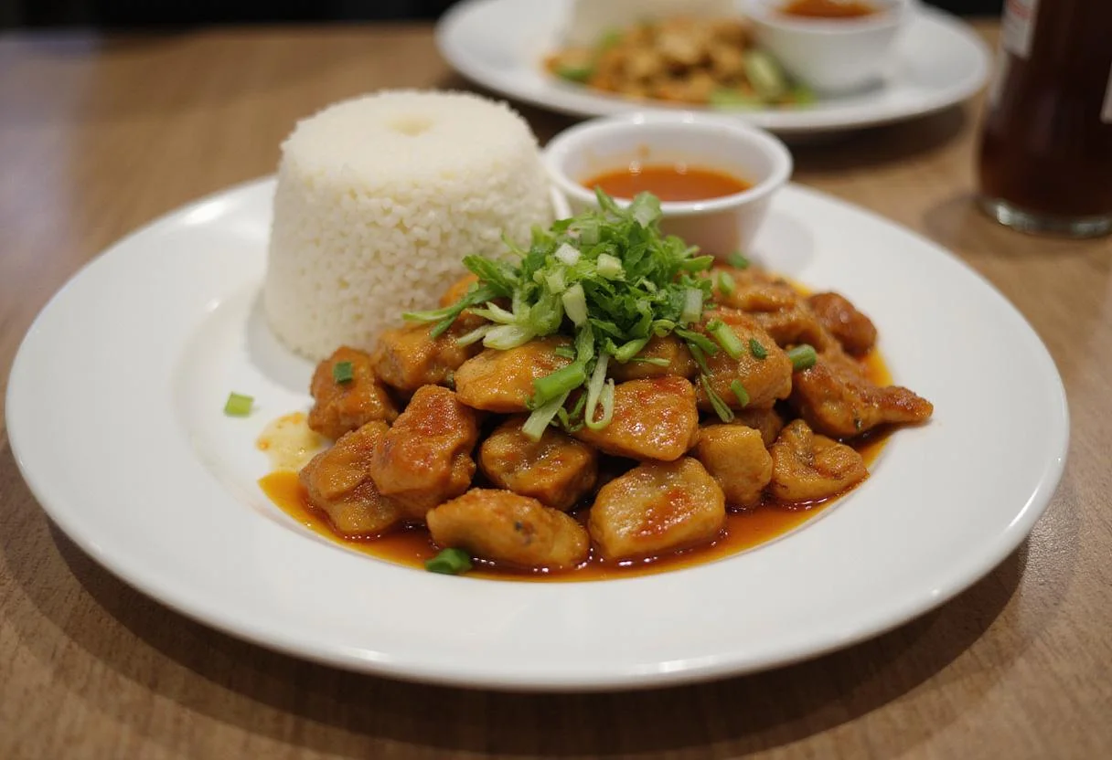 Deliciously plated Ta Chien Chicken with rice, garnished with fresh green onions, showcasing an appetizing meal.