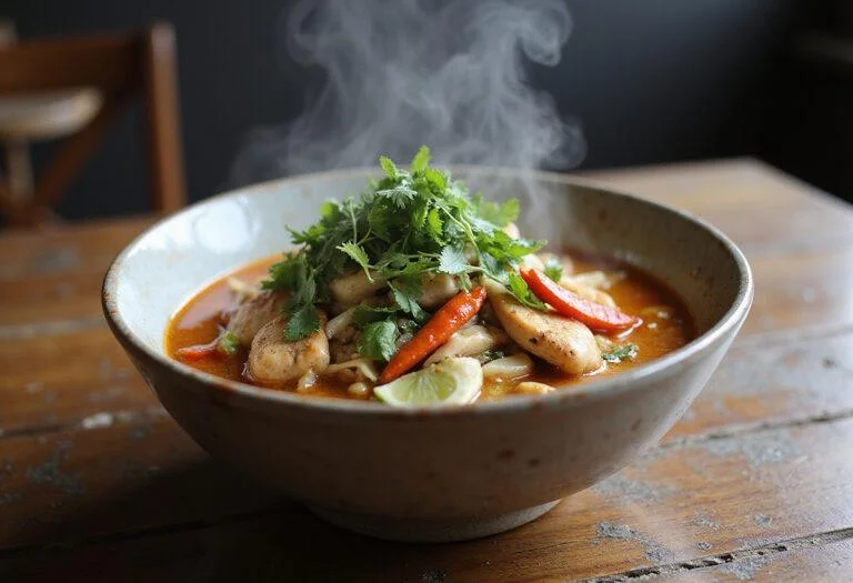 Delicious bowl of Tom Yum Chicken served with colorful ingredients and aromatic broth on a rustic wooden table.