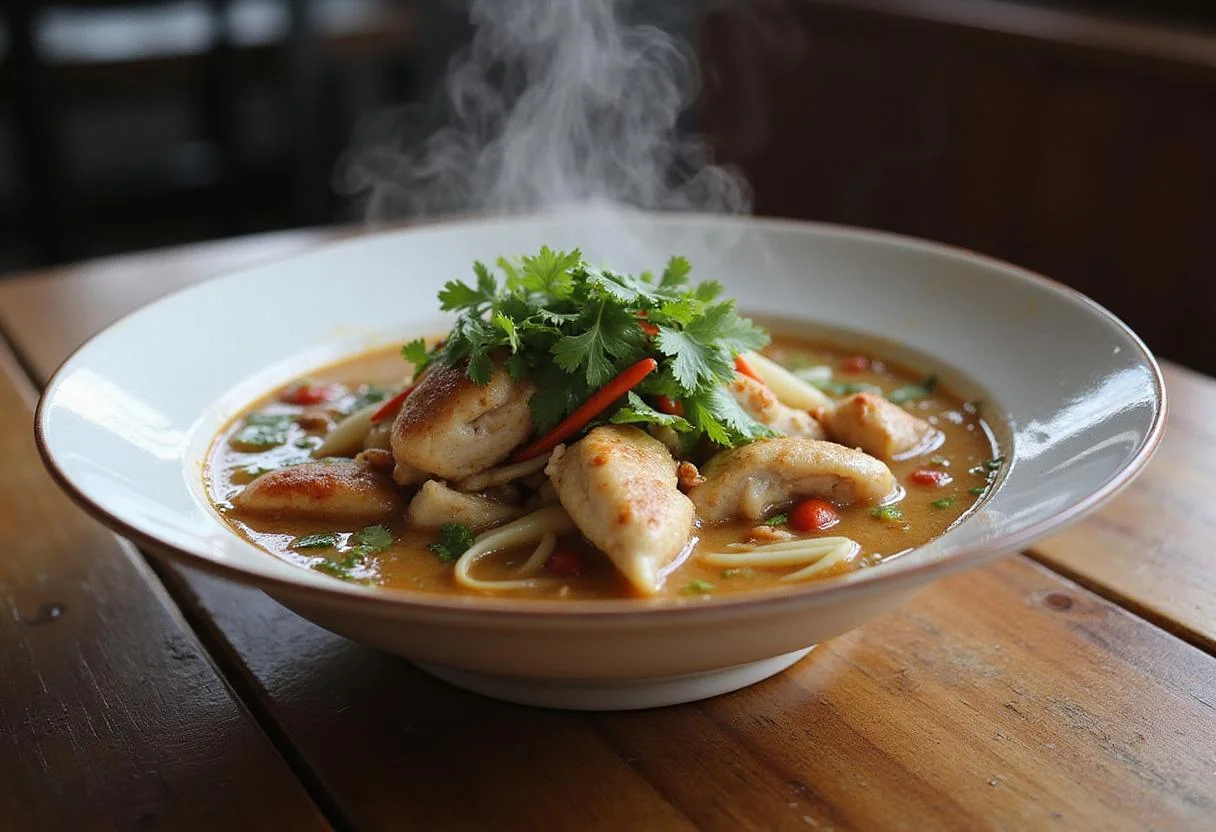 Delicious bowl of Tom Yum Chicken served with colorful ingredients and aromatic broth on a rustic wooden table.