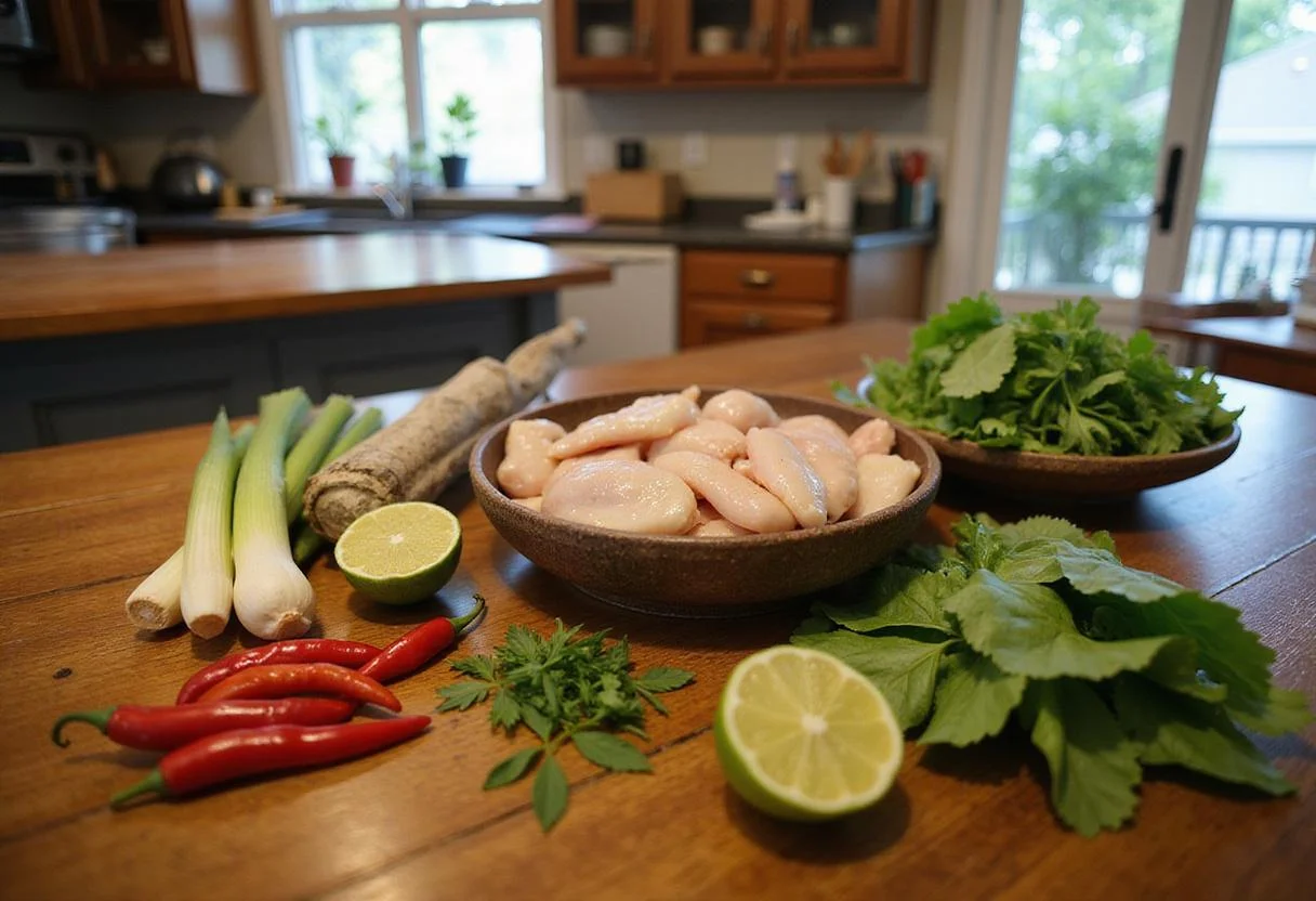Fresh ingredients for Tom Yum Chicken including lemongrass, lime leaves, and chili peppers on a wooden counter.