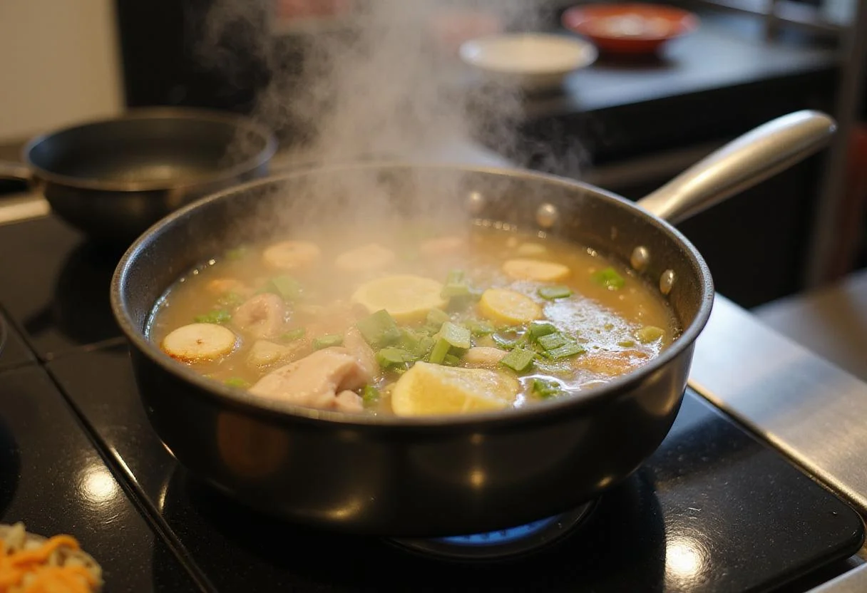 Simmering pot on the stove with lemongrass and galangal being added to make a flavorful Tom Yum Chicken broth.