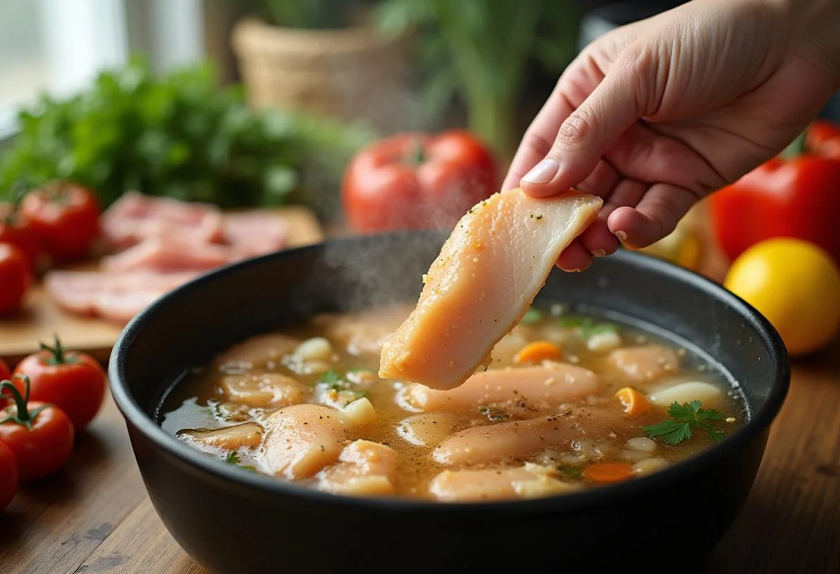 Sliced chicken breast added to the bubbling broth for an aromatic Tom Yum Chicken dish.