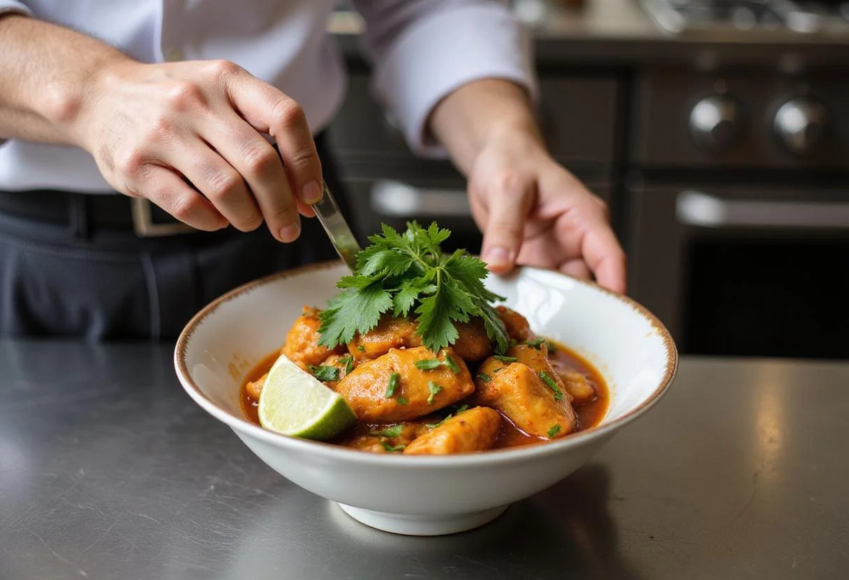 Garnishing Tom Yum Chicken with cilantro and lime slices for a beautiful and appetizing presentation.