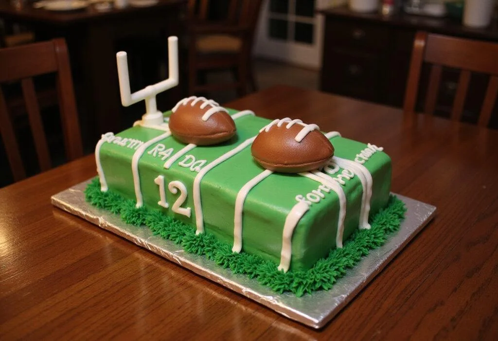 The final Touchdown Triumph Football Cake, a must-have for sports fans, with intricate designs and vibrant colors highlighting a football field theme.
