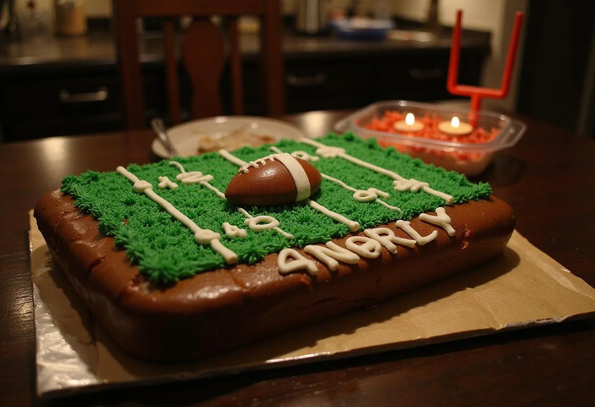 The final Touchdown Triumph Football Cake, a must-have for sports fans, with intricate designs and vibrant colors highlighting a football field theme.
