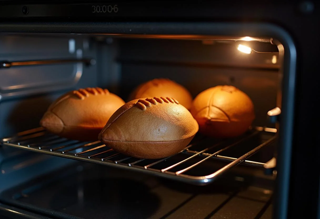 Baking football-shaped cakes to create a festive Touchdown Triumph Football Cake, ready for frosting and decoration.