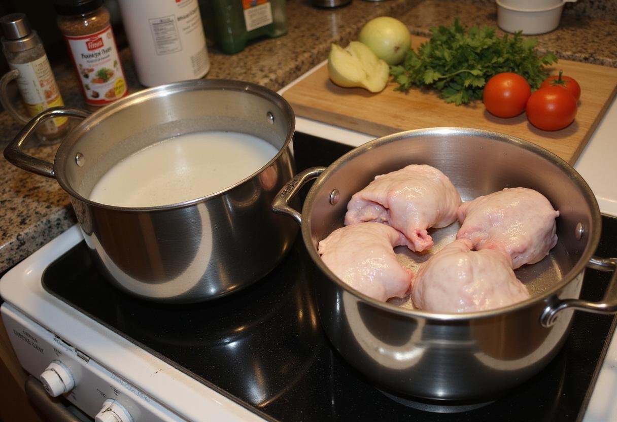 Preparing turkey gizzards for boiling, showcasing the gizzards and an organized kitchen countertop with seasonings.