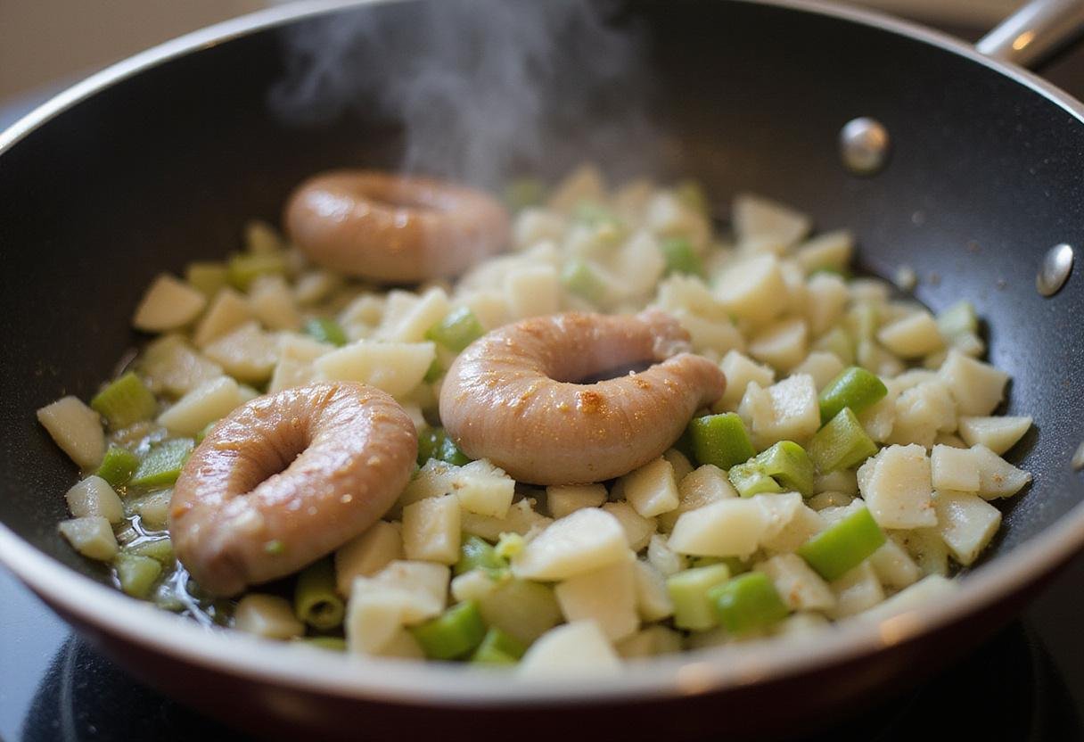 Sautéing aromatic vegetables for turkey gizzards, highlighting the vibrant colors of onions, garlic, and celery in a heated pan.