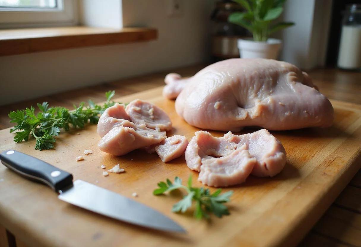Cutting boiled turkey gizzards into pieces, emphasizing the preparation stage of this flavorful dish with fresh herbs in the scene.