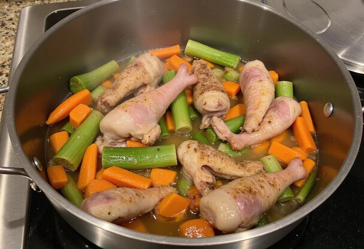 Combining sautéed vegetables and turkey gizzards in a pot, demonstrating the cooking process of a delicious turkey gizzard meal.