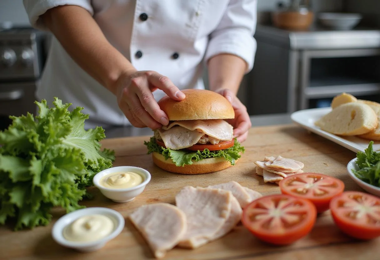 Fresh ingredients for Turkey Tom sandwich featuring sliced turkey, lettuce, and tomatoes on a clean countertop, perfect for a healthy meal.