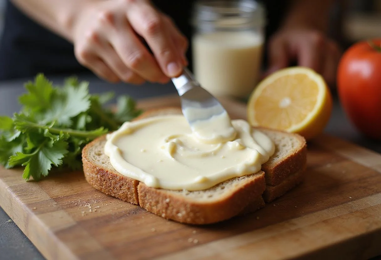 Close-up of a chef spreading mayonnaise on whole grain bread, preparing a delicious Turkey Tom sandwich with healthy toppings.