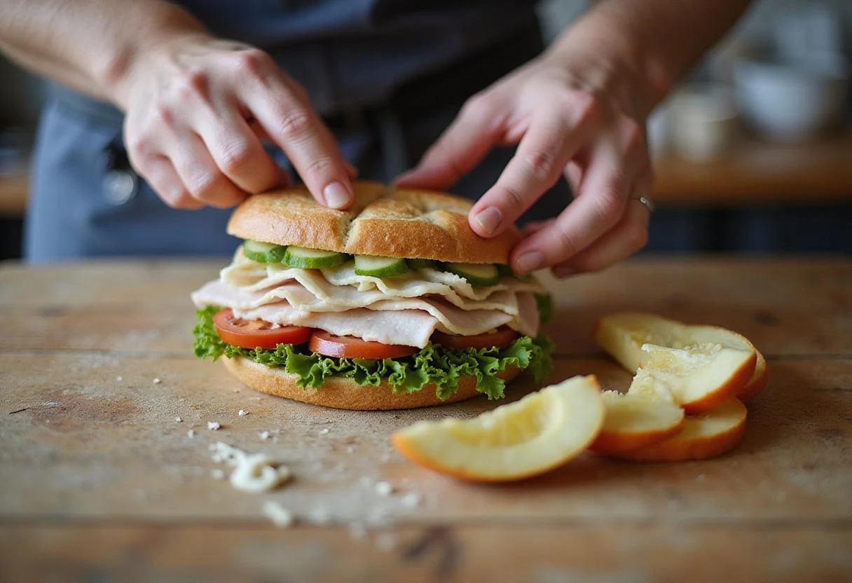 Layered turkey and fresh vegetables on bread as a chef prepares a Turkey Tom sandwich, emphasizing vibrant colors and textures.