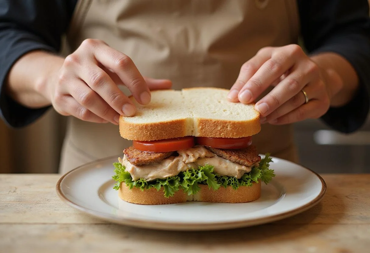 Completing the Turkey Tom sandwich with fresh ingredients, showcasing the final layers of turkey and vegetables on freshly spread bread.
