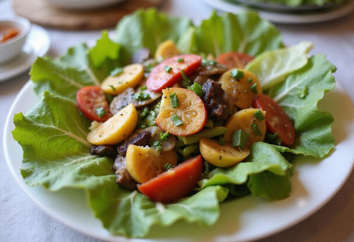 Gorgeous vibrant batavia lettuce salad served with fresh herbs, a feast for the eyes.