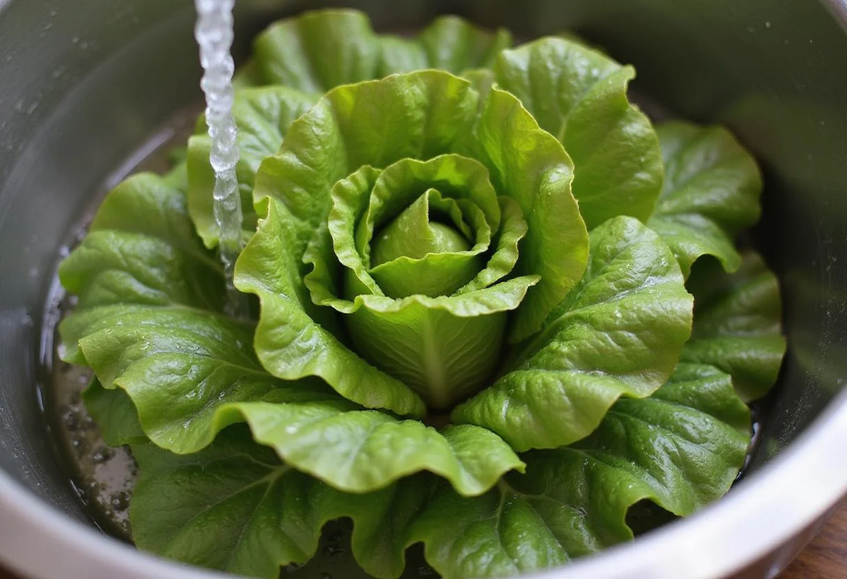 Fresh batavia lettuce being washed in a bowl for a crisp salad.