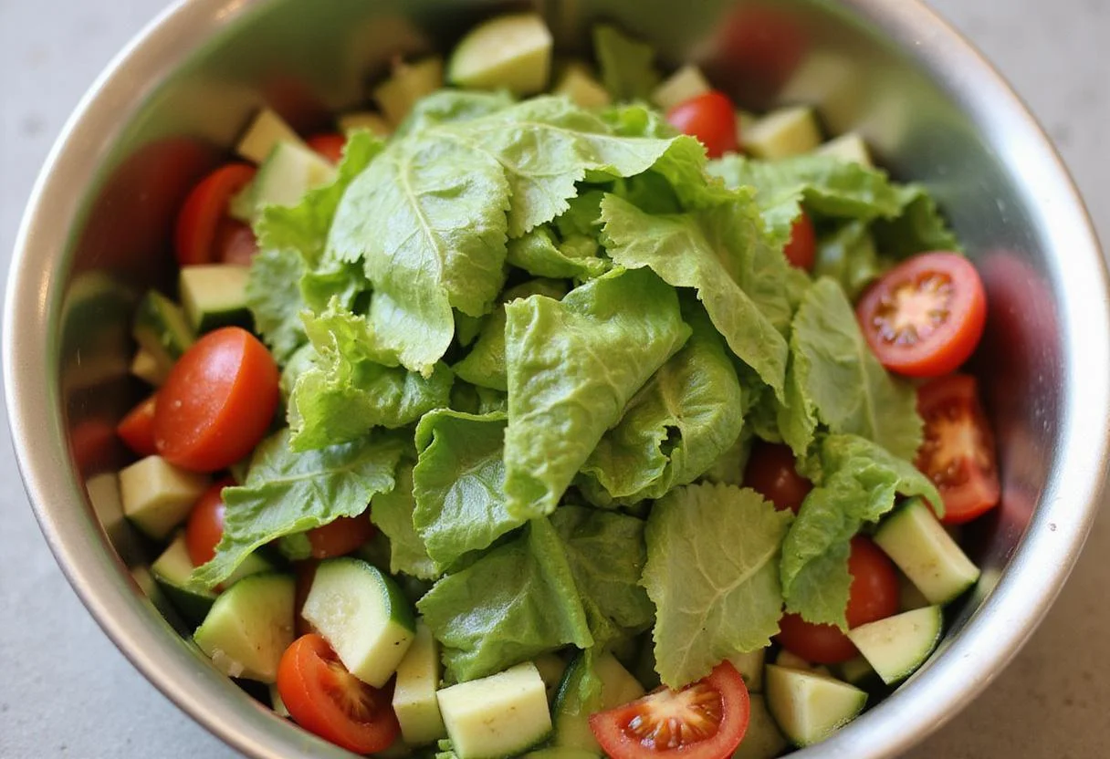 Chopped batavia lettuce combined with fresh vegetables for a vibrant salad.