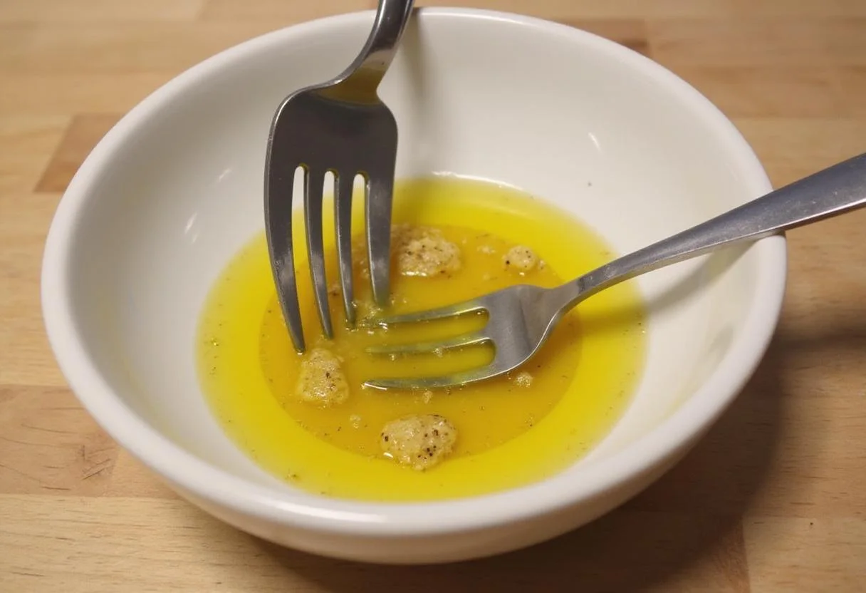 Whisking together a zesty dressing for batavia lettuce salad using olive oil and lemon juice.