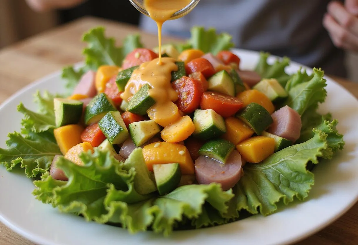 Drizzling dressing over a vibrant batavia lettuce salad with colorful veggies.