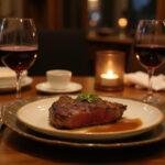 Final presentation of a gourmet Wagyu beef dish in an elegant dining setting, emphasizing the health benefits and indulgence of Wagyu beef cuisine.