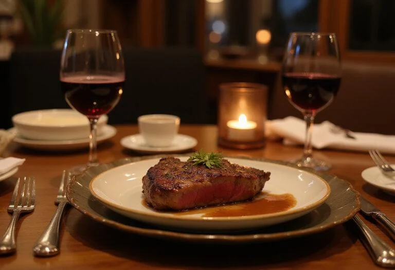 Final presentation of a gourmet Wagyu beef dish in an elegant dining setting, emphasizing the health benefits and indulgence of Wagyu beef cuisine.