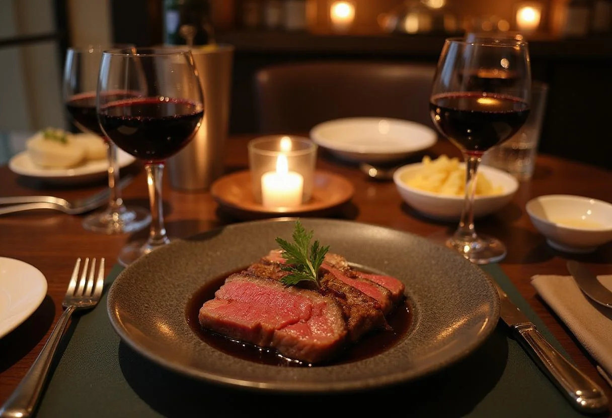 Final presentation of a gourmet Wagyu beef dish in an elegant dining setting, emphasizing the health benefits and indulgence of Wagyu beef cuisine.
