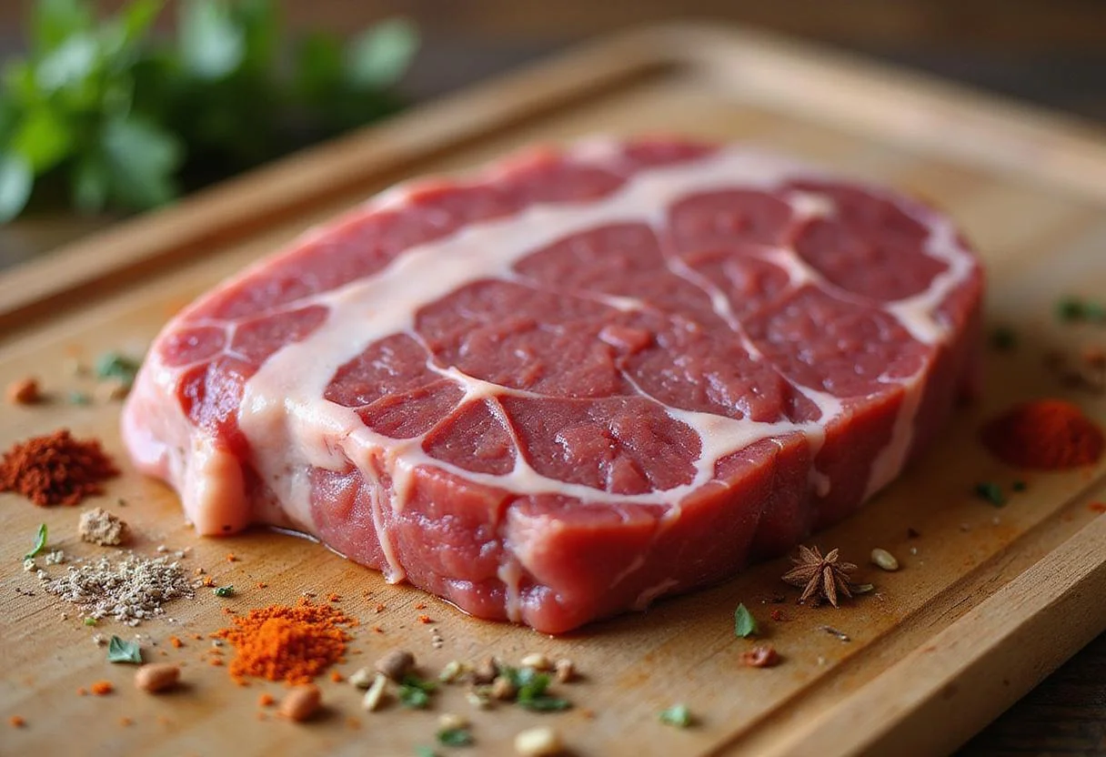 Raw Wagyu beef showcasing its marbling on a wooden board, highlighting the health aspects of Wagyu beef and its nutritional value.