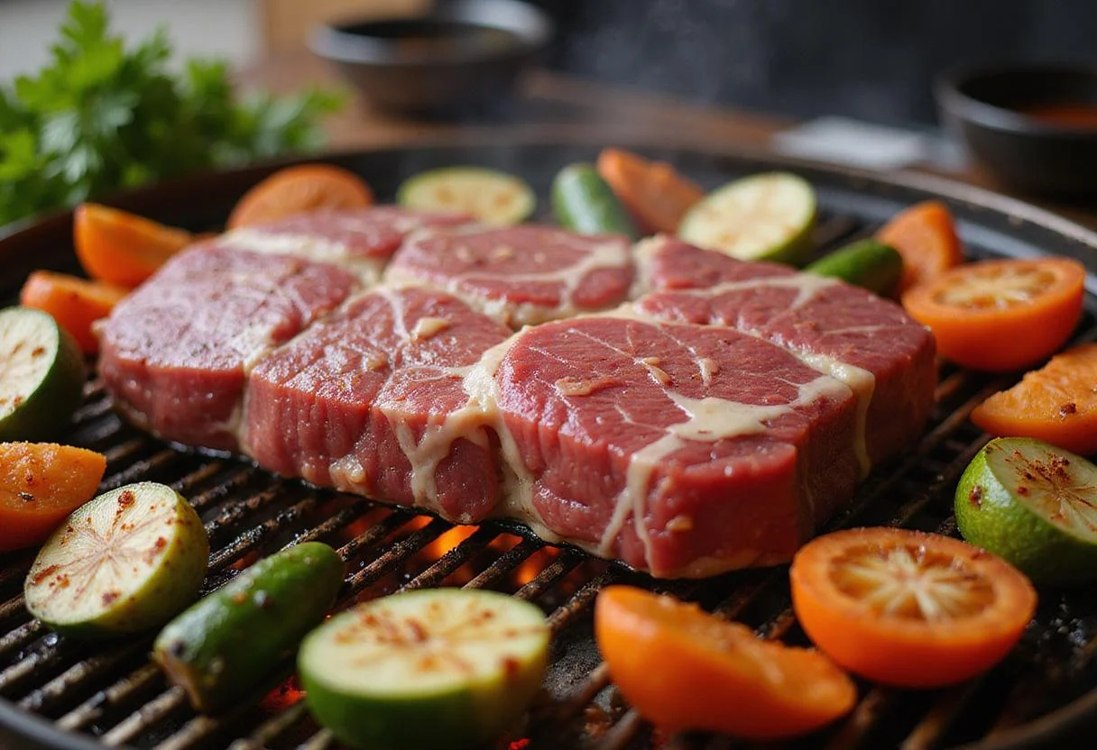 Wagyu beef grilling to perfection, highlighting the cooking process that enhances the health aspects of Wagyu beef along with nutritious vegetables.