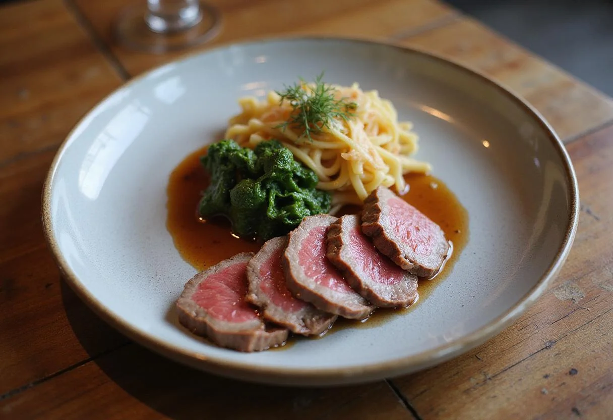 Beautifully plated Wagyu beef with a side of grilled vegetables, showcasing the health aspects and presentation of a gourmet meal made with Wagyu beef.