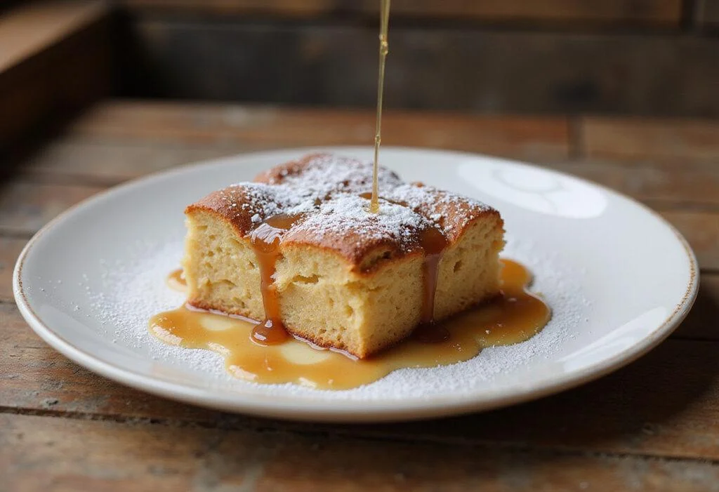 Delicious warm gluten-free bread pudding served with powdered sugar and caramel sauce, showcasing the final dish in a charming setting.