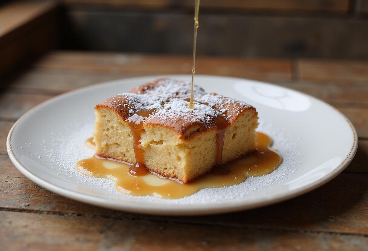Delicious warm gluten-free bread pudding served with powdered sugar and caramel sauce, showcasing the final dish in a charming setting.