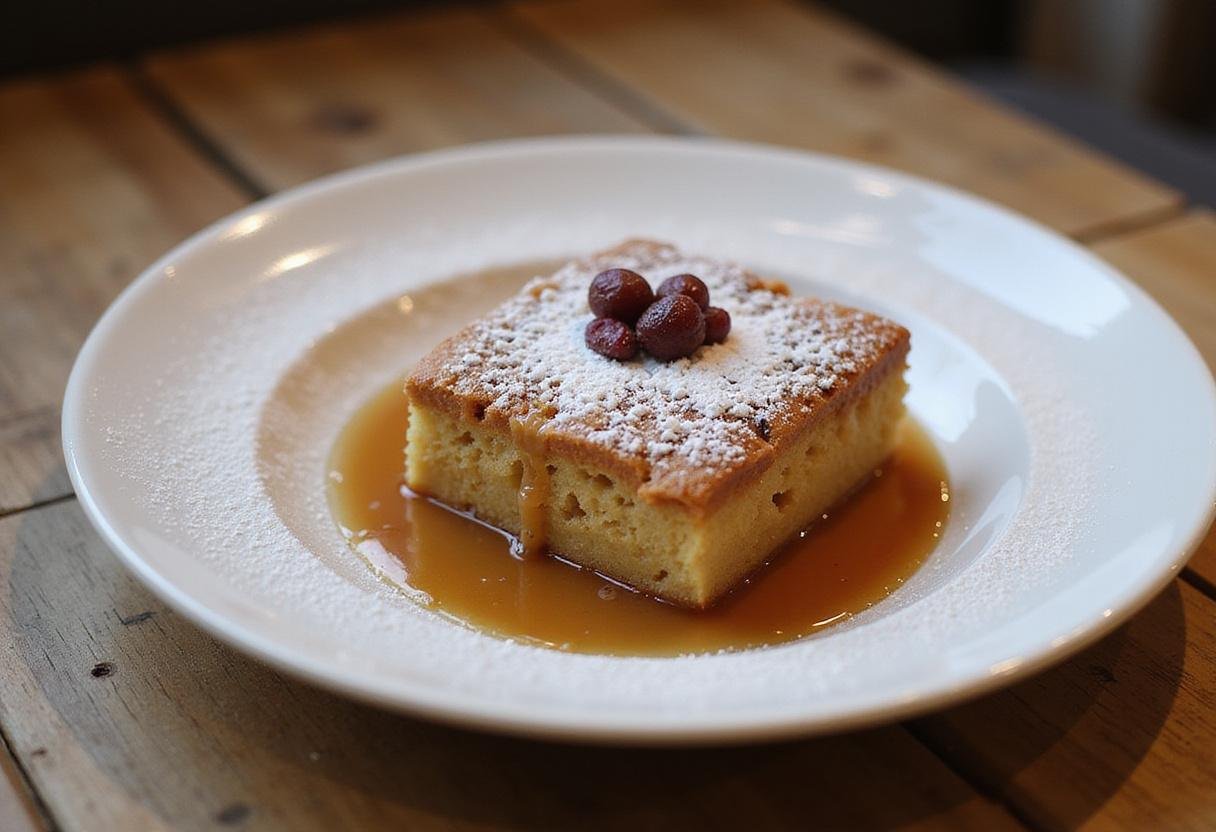 Delicious warm gluten-free bread pudding served with powdered sugar and caramel sauce, showcasing the final dish in a charming setting.