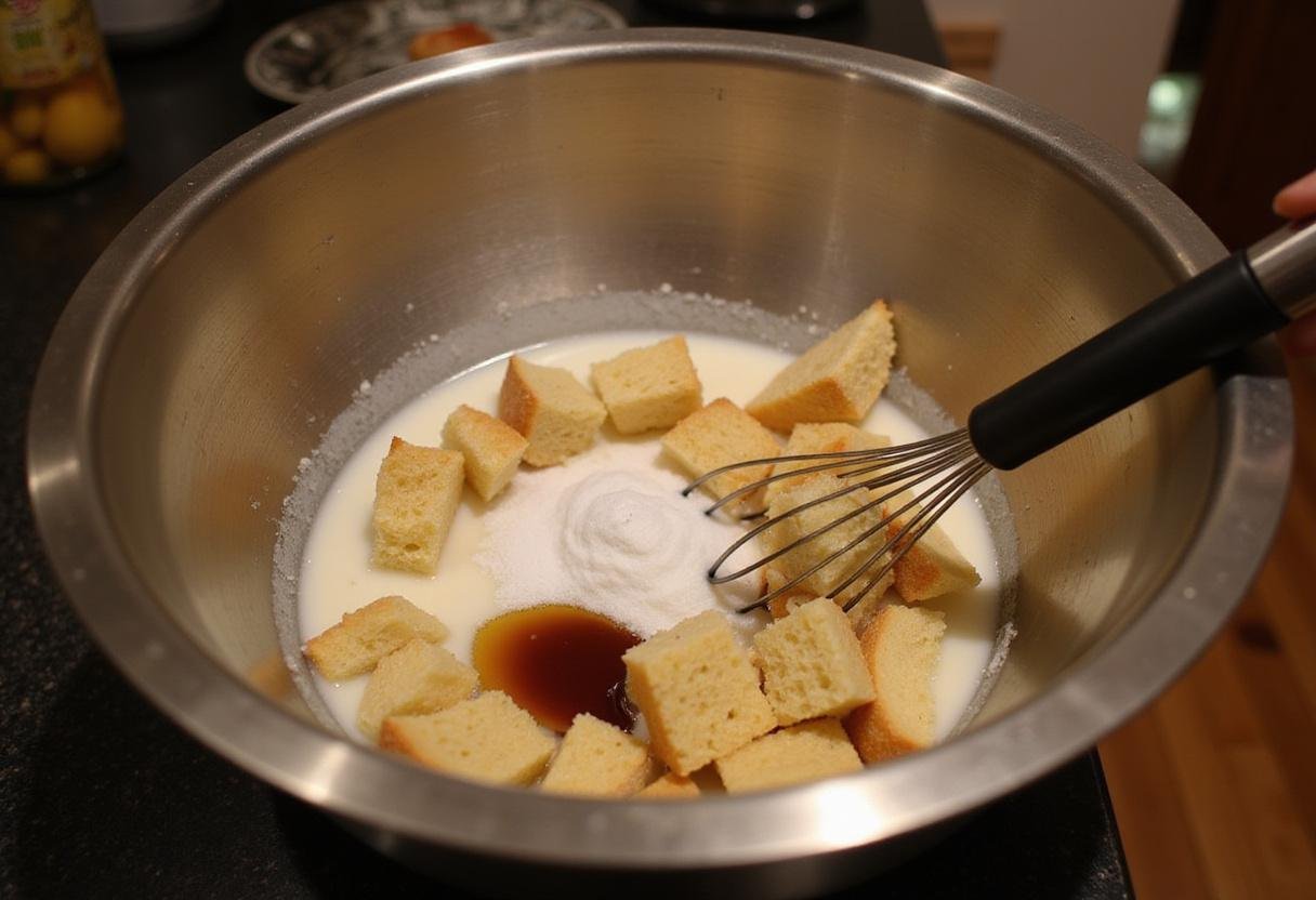 Mixing ingredients for a warm gluten-free bread pudding with cubed bread, milk, and vanilla in a cozy kitchen setting.