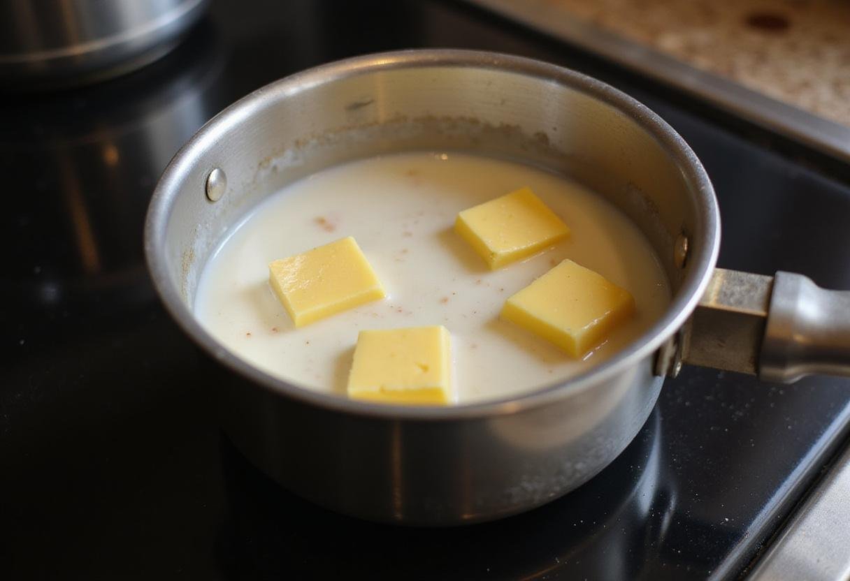 Melting butter in a saucepan for a delicious gluten-free bread pudding recipe, showcasing the creamy mixture warming in the kitchen.