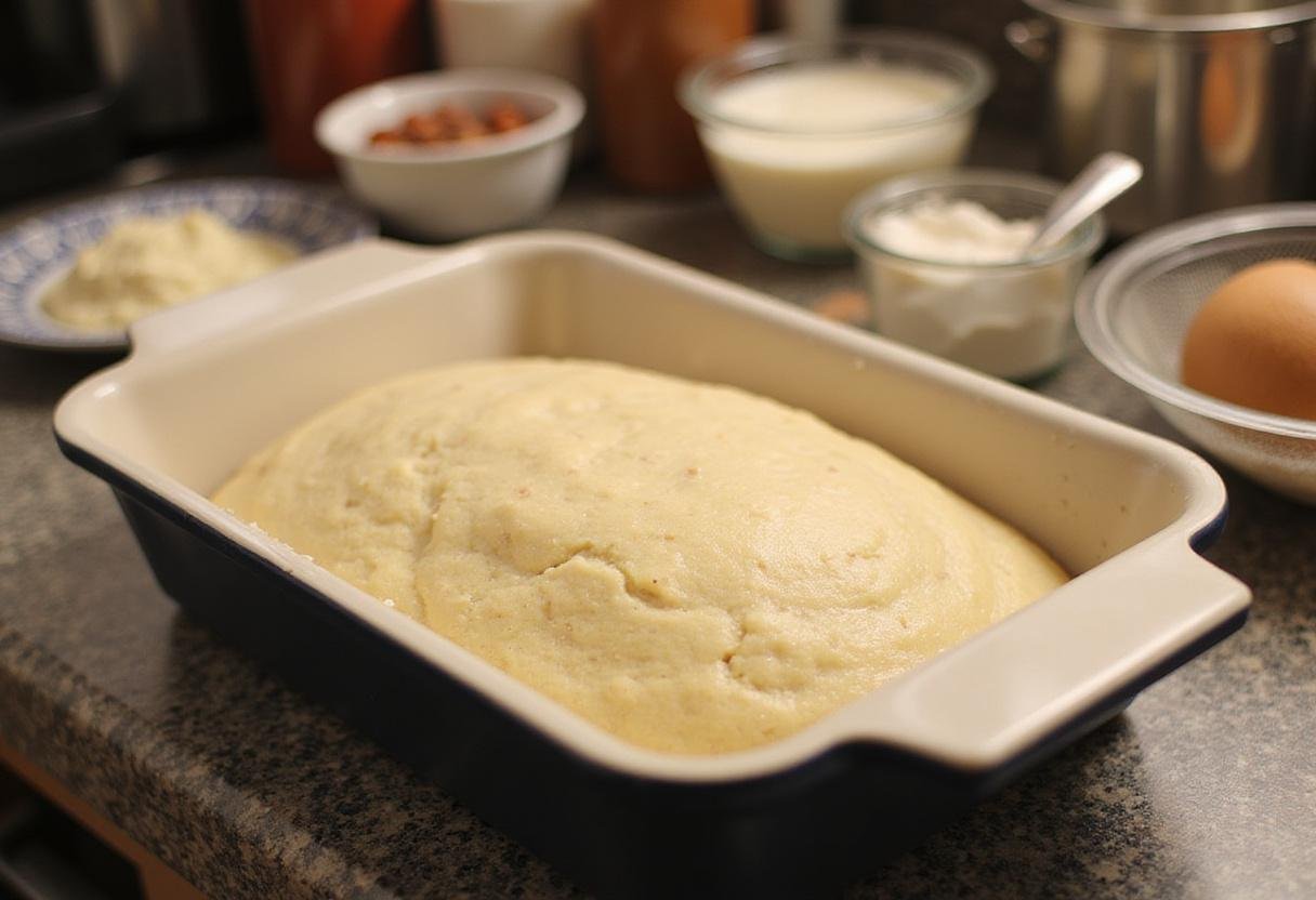 Preparing a baking dish filled with bread mixture for gluten-free bread pudding, highlighting the cozy baking environment.
