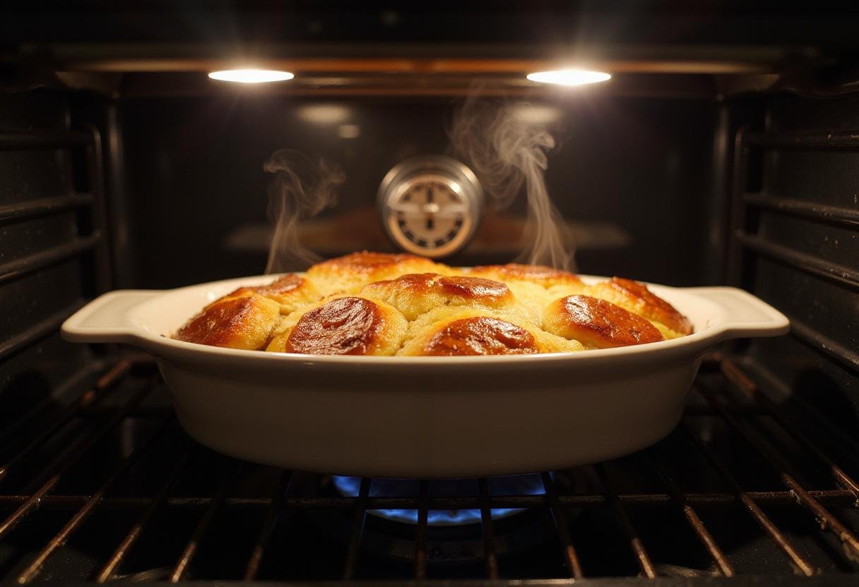 Baking gluten-free bread pudding in the oven, showing the golden brown dish and a timer set, capturing the anticipation in the kitchen.