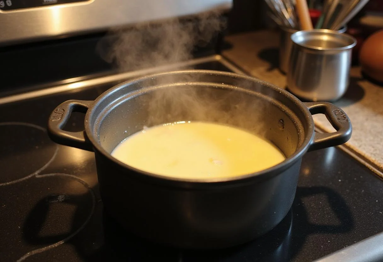 Melting beef tallow in a pot, preparing whipped beef tallow wonder recipe with essential kitchen tools.