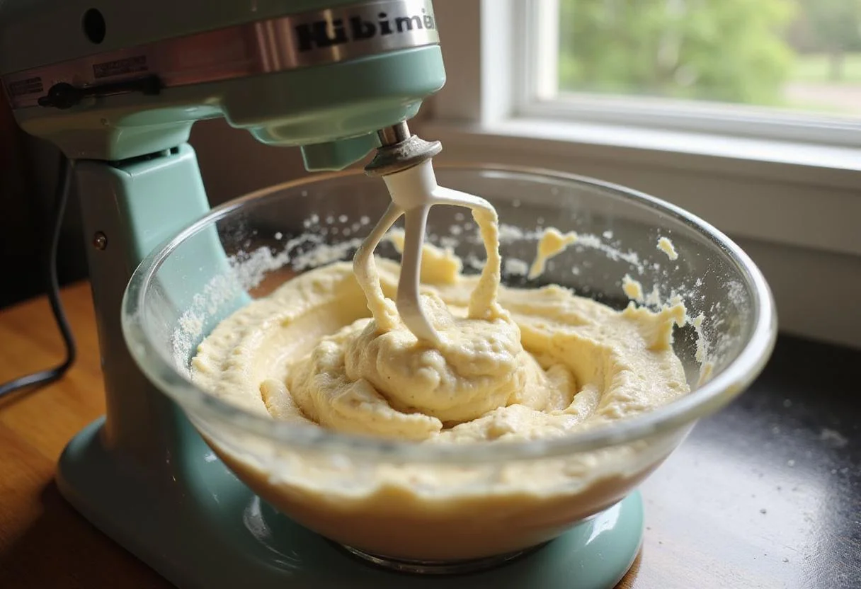 Blending whipped beef tallow to create a fluffy texture, emphasizing the modern kitchen setup during the cooking process.