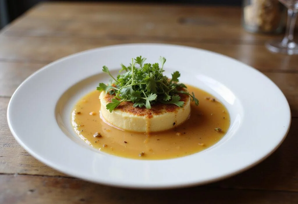 The final dish showcasing the culinary effectiveness of xanthan gum, artfully plated with garnishes on a rustic wooden table.