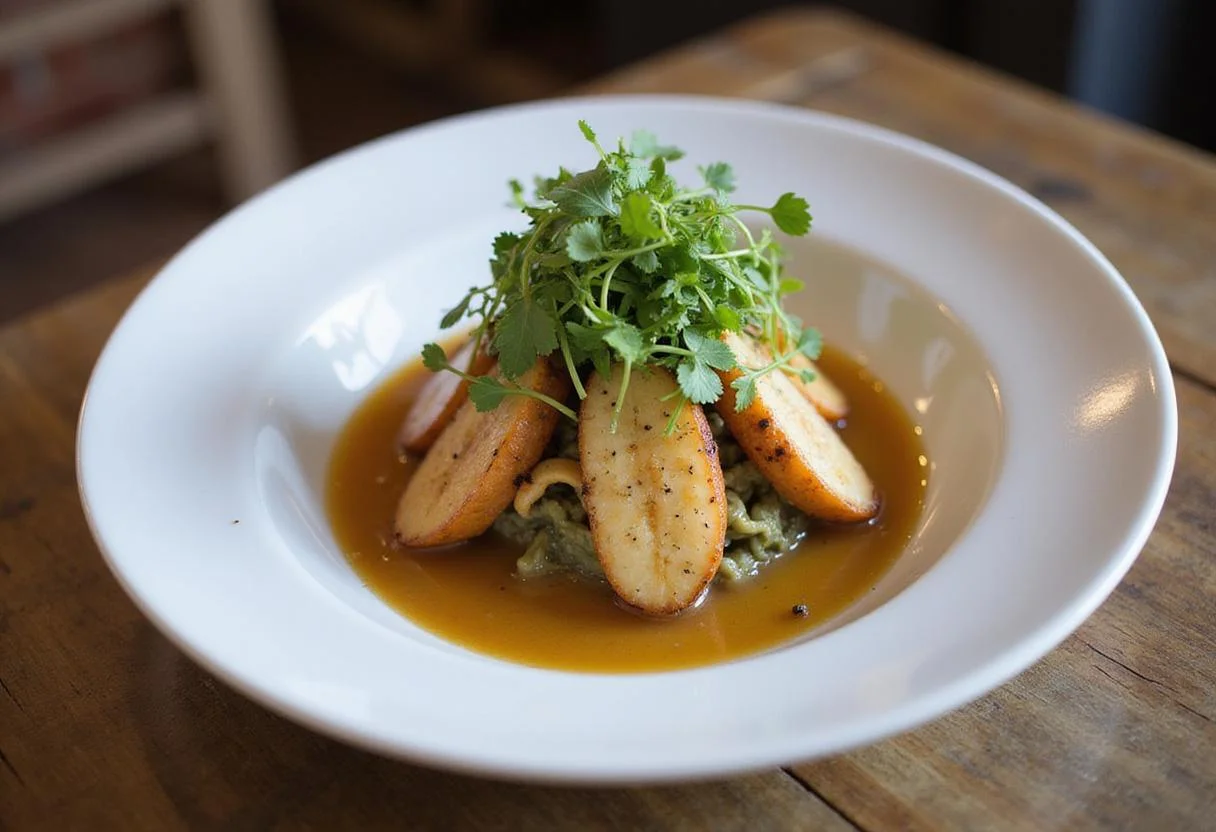 The final dish showcasing the culinary effectiveness of xanthan gum, artfully plated with garnishes on a rustic wooden table.