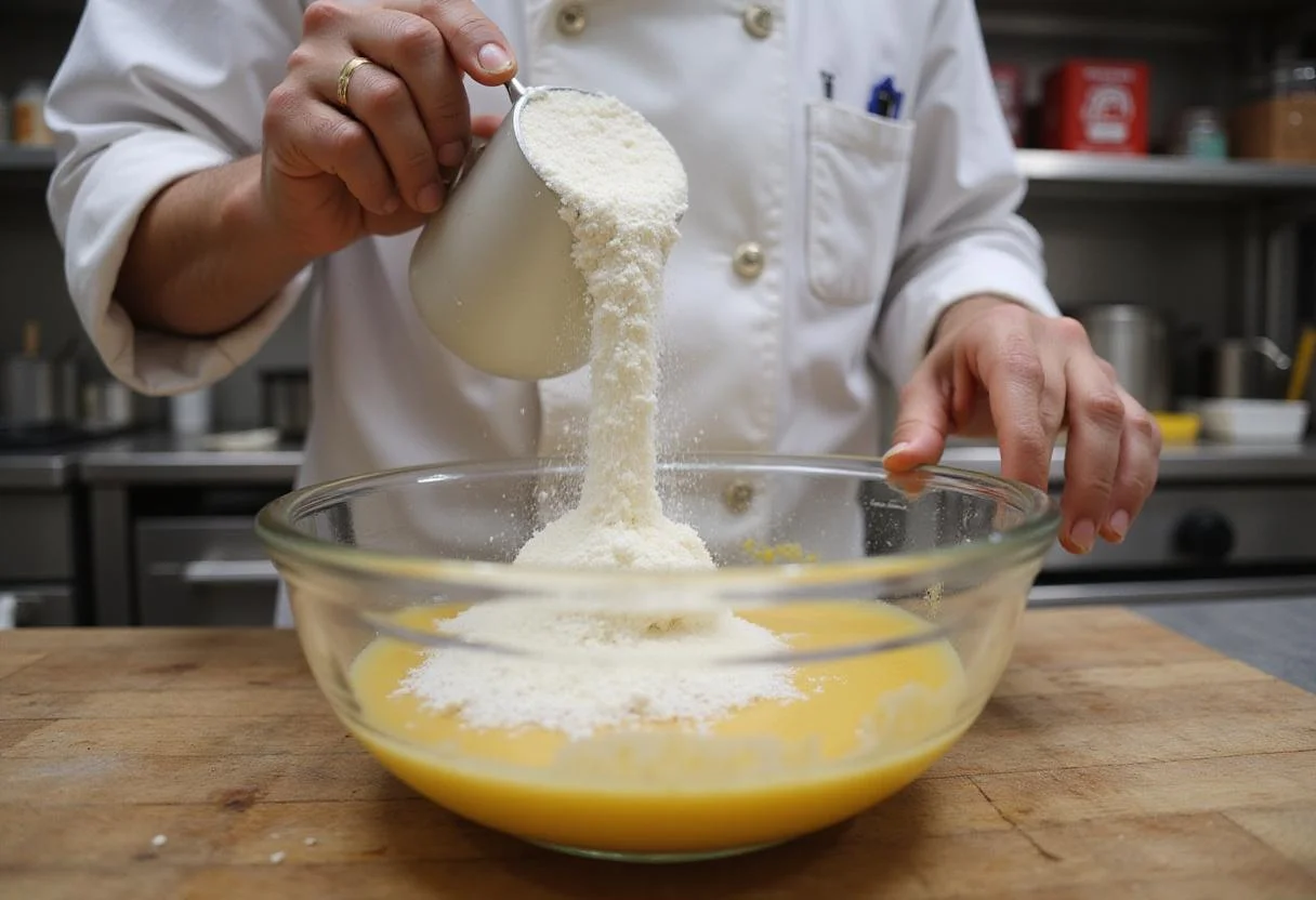 Demonstrating xanthan gum uses in cooking, a chef mixes xanthan gum into a mixture under warm kitchen lighting.