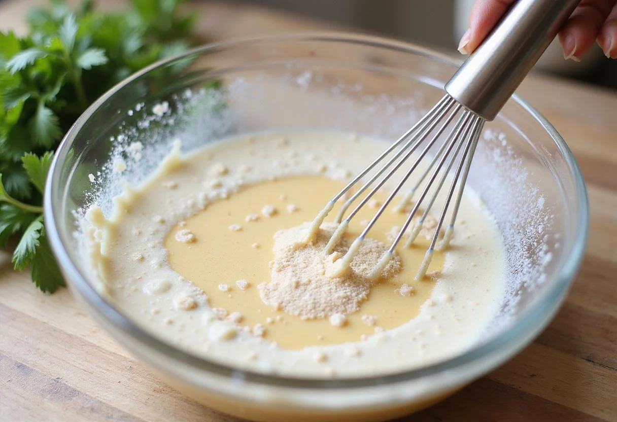 A smooth mixture showcasing the culinary power of xanthan gum in cooking, with a whisk and fresh herbs nearby.