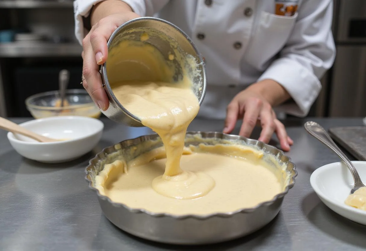 Pouring the xanthan-enhanced mixture into a baking dish, highlighting the effective uses of xanthan gum in a clean culinary setting.