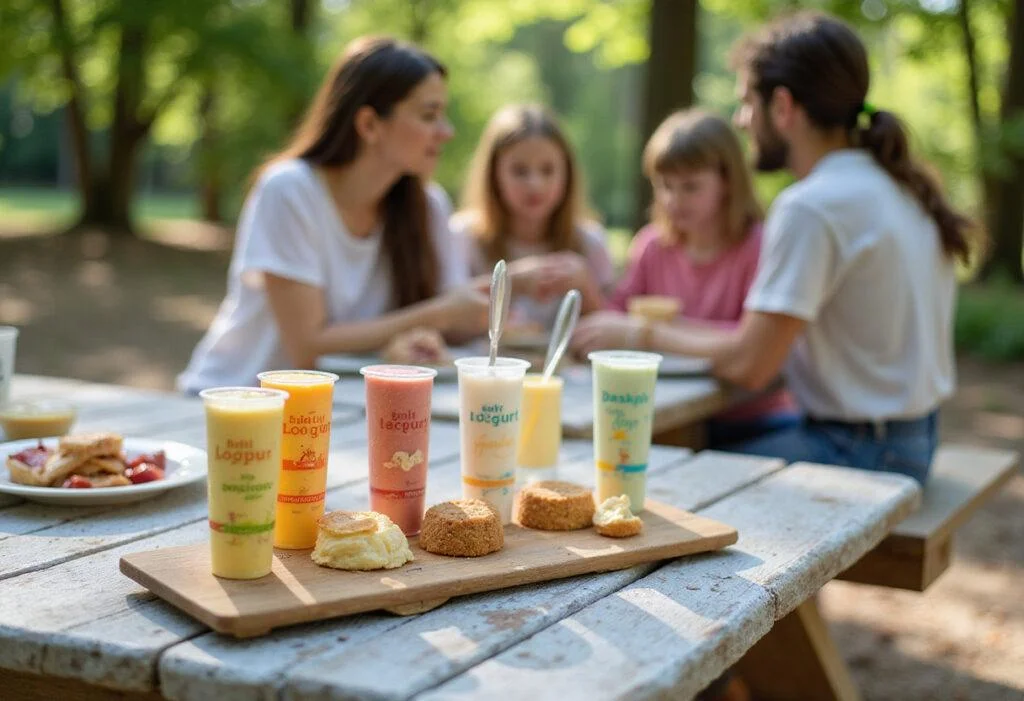 Enjoying homemade yogurt tubes in a picnic setting, nutritious yogurt tubes for on-the-go, healthy snack ideas.