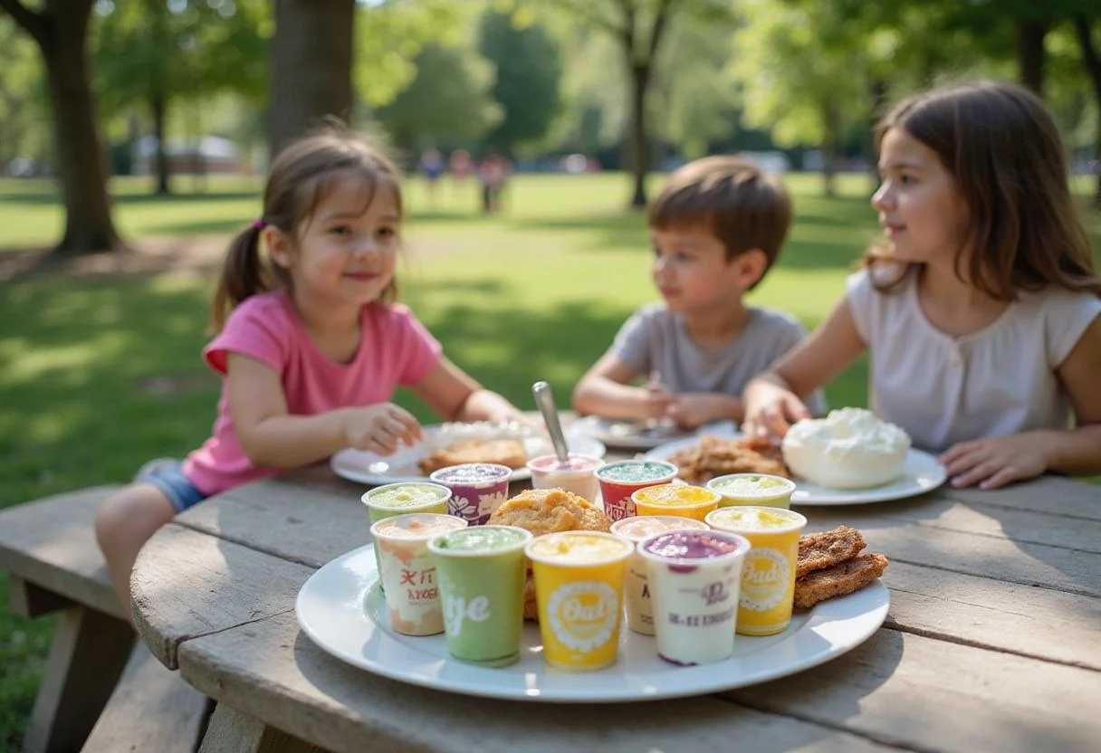 Enjoying homemade yogurt tubes in a picnic setting, nutritious yogurt tubes for on-the-go, healthy snack ideas.
