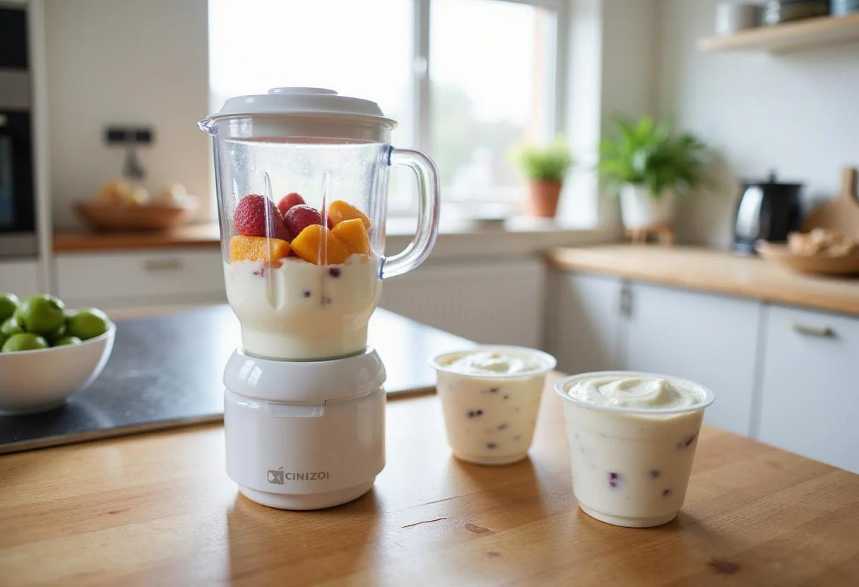 Blending yogurt and fruits for yogurt tubes, nutritious yogurt tubes recipe, healthy homemade snack.