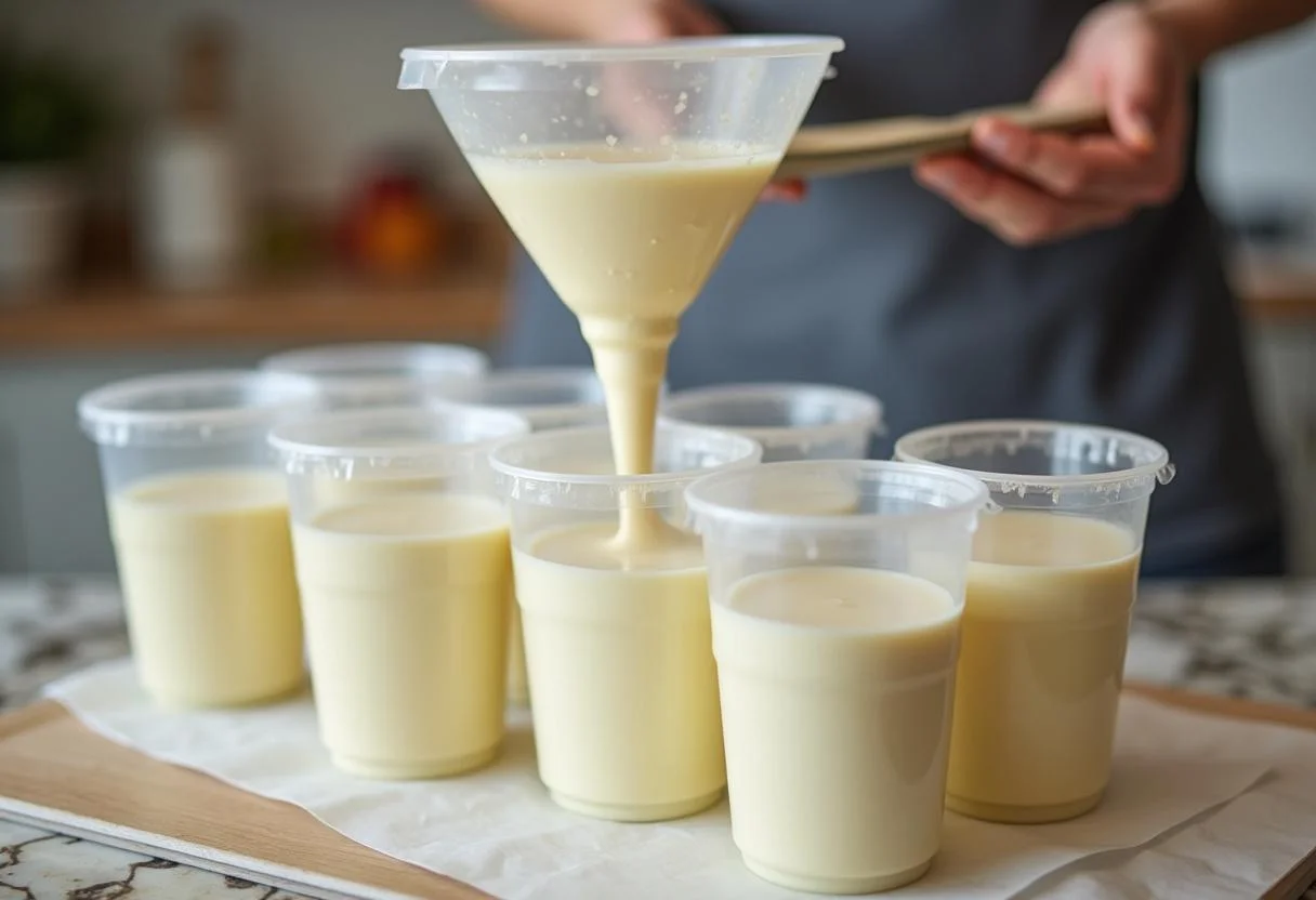Filling yogurt tubes with fruit yogurt mixture, easy yogurt tubes recipe, quick and healthy snack preparation.