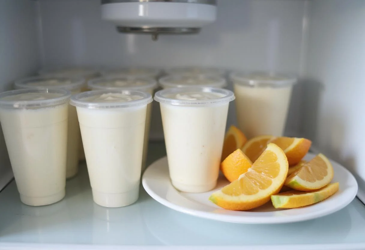 Chilling homemade yogurt tubes in the refrigerator, yogurt tubes for on-the-go snacking, fresh and healthy snack storage.